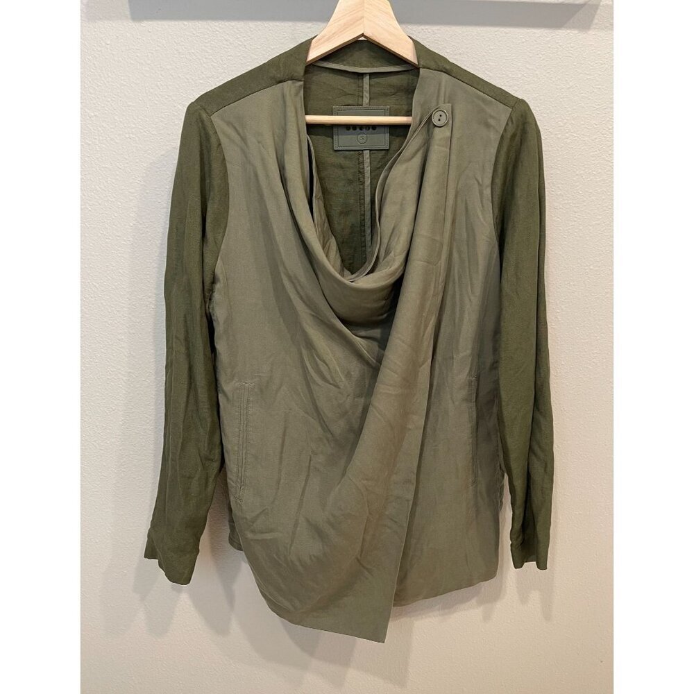 Blank NYC Moto Jacket Women's Small Olive Green Draped Linen Blend Asymmetric